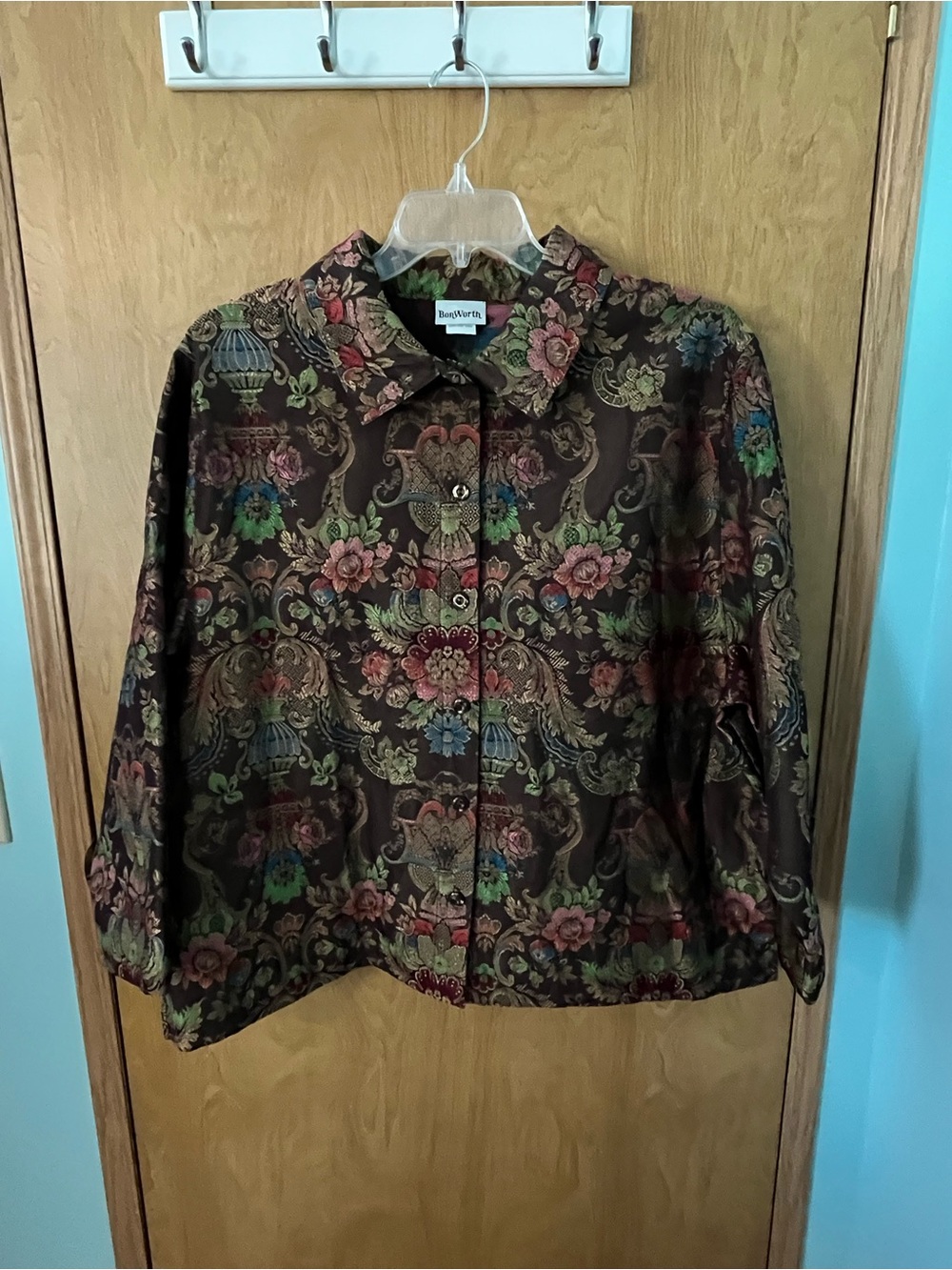 BonWorth Brown Floral Tapestry Button Shacket Grandma Core Size XL Petite EUC